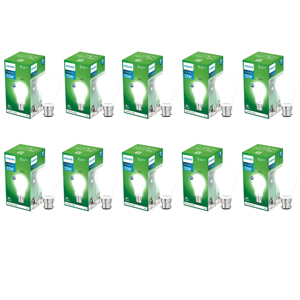 PHILIPS 12-Watt Glass LED Bulb | Full Glow Energy Saver 1200 Lumen Frosted Diffused LED Bulb | Base -B22 | Crystal White,Pack of 10
