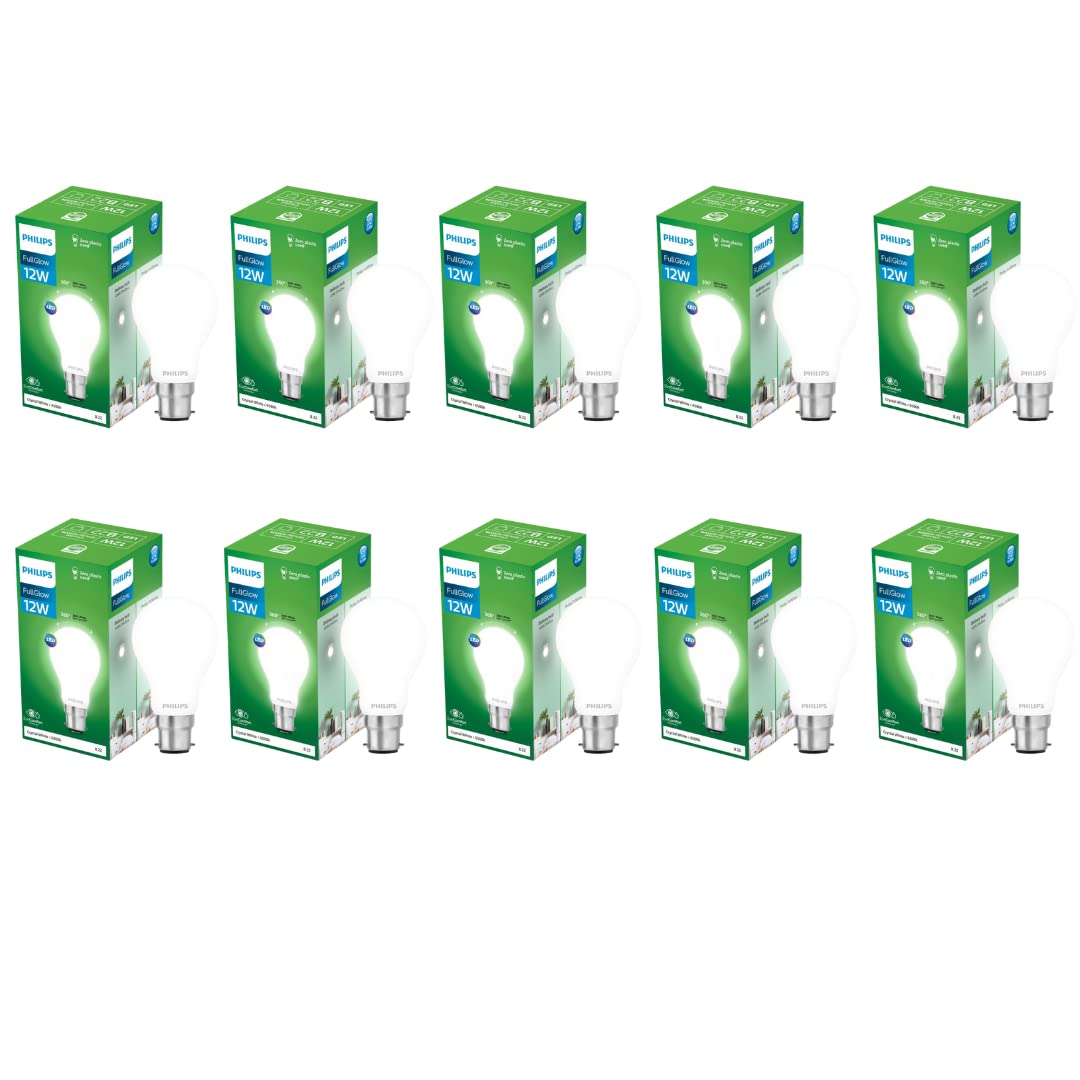 PHILIPS 12-Watt Glass LED Bulb | Full Glow Energy Saver 1200 Lumen Frosted Diffused LED Bulb | Base -B22 | Crystal White,Pack of 10