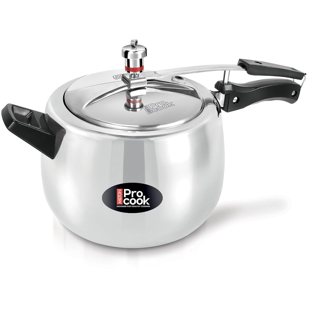 Milton Pro Cook 6.5 Litres Curve Pressure Cooker with Inner Lid, Aluminium, Non-Induction Bottom Handi, Hot Plate & Flame Safe, Silver, BIS Certified, 5 Years Warranty