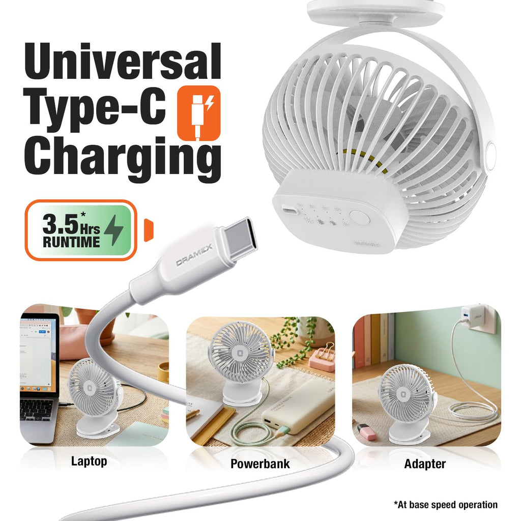 Orient Electric Orbis Rechargeable Personal Fan | 360° Rotation | 1800 mAh Battery | 4 Speed Modes with Timer | Quiet Operation | USB Type-C Charging | Clip-On Mini Fan | Cloud White