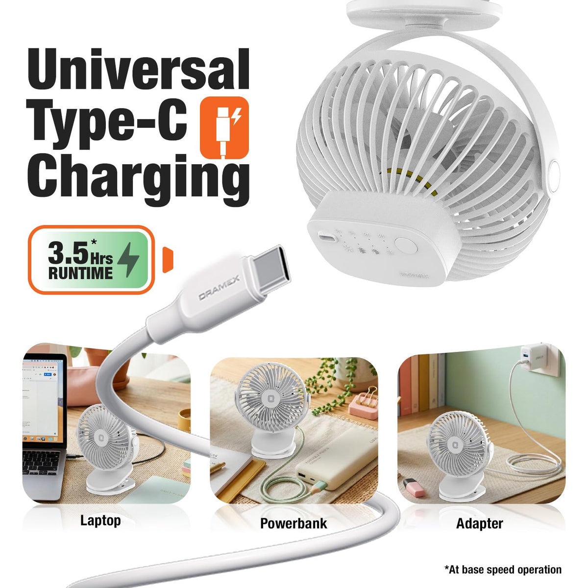 Orient Electric Orbis Rechargeable Personal Fan | 360° Rotation | 1800 mAh Battery | 4 Speed Modes with Timer | Quiet Operation | USB Type-C Charging | Clip-On Mini Fan | Cloud White