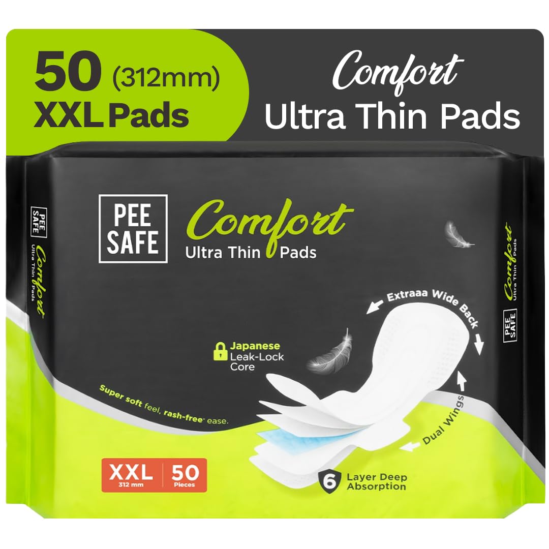 Pee Safe Comfort Ultra Thin Sanitary Pads XXL 50 Pads | Rash Free | Softest | Ultra Soft, Dual Wings, Toxin Free, Extra Long, Disposable Wrapper, 6 Layer...