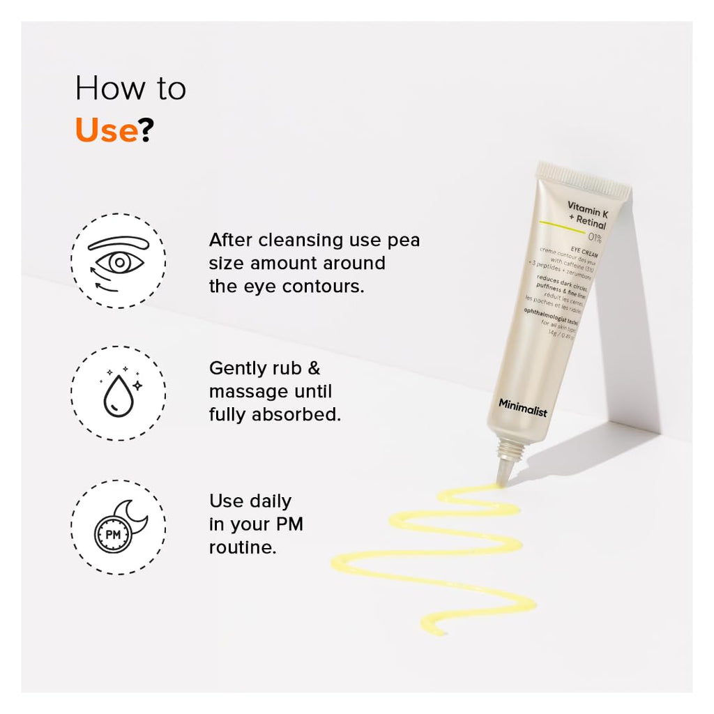 Minimalist Vitamin K + Retinal 01% Under Eye Cream | Reduces Dark Circles, Wrinkles & Fine Lines | With Caffeine for Puffiness | For Women & Men | 14 gm
