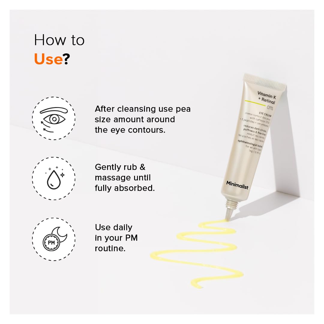 Minimalist Vitamin K + Retinal 01% Under Eye Cream | Reduces Dark Circles, Wrinkles & Fine Lines | With Caffeine for Puffiness | For Women & Men | 14 gm