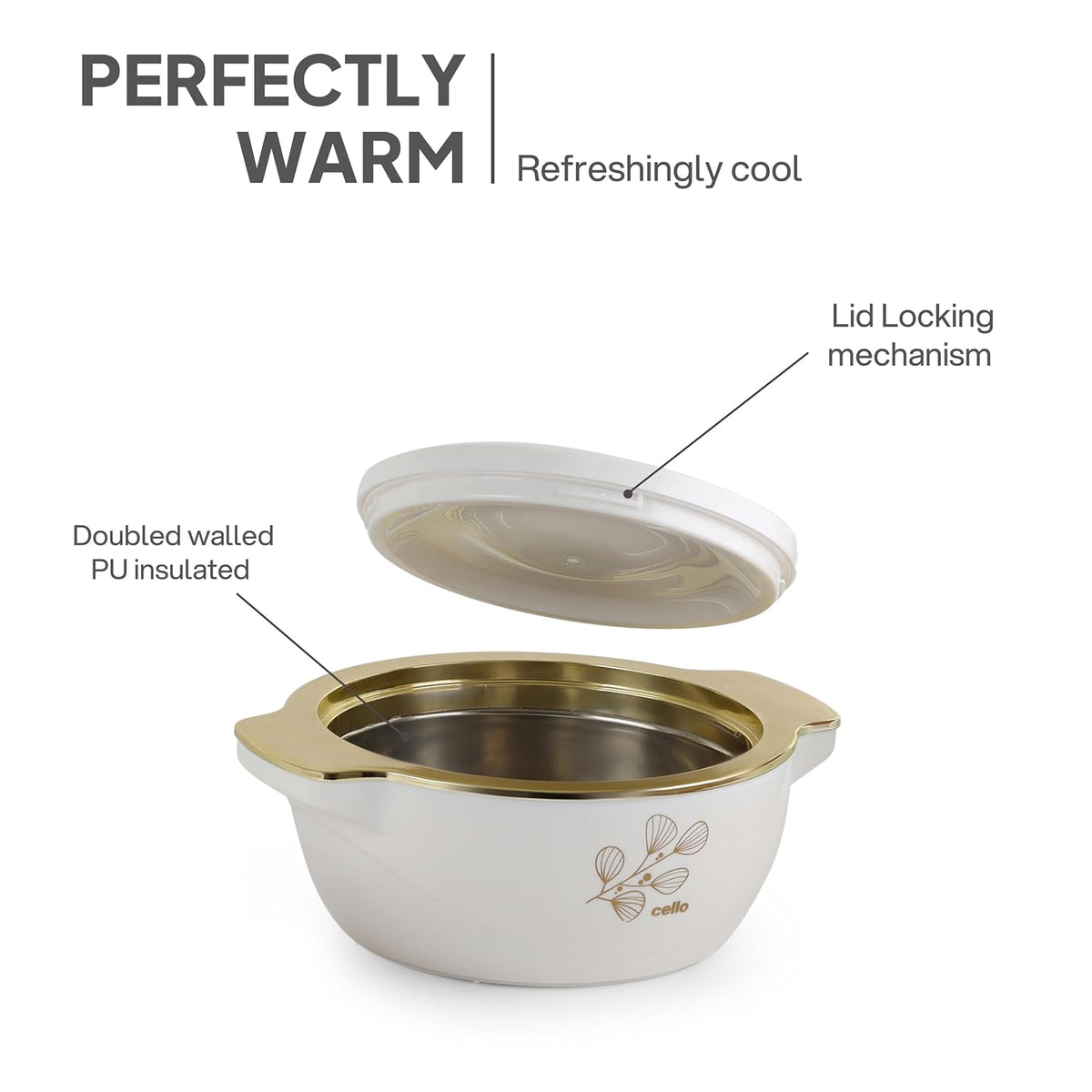 CELLO Radiant Set of 3 Pcs Insulated Steel Casserole Hot Box Case For Kitchen, White (500ml, 1000ml, 1500ml) |