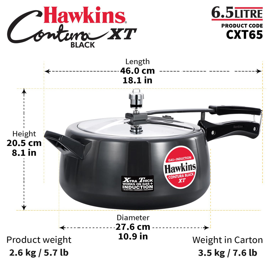 Hawkins 6.5 Litre Contura Black XT Pressure Cooker, Hard Anodised Inner Lid Cooker, Induction Cooker, Black (CXT65)