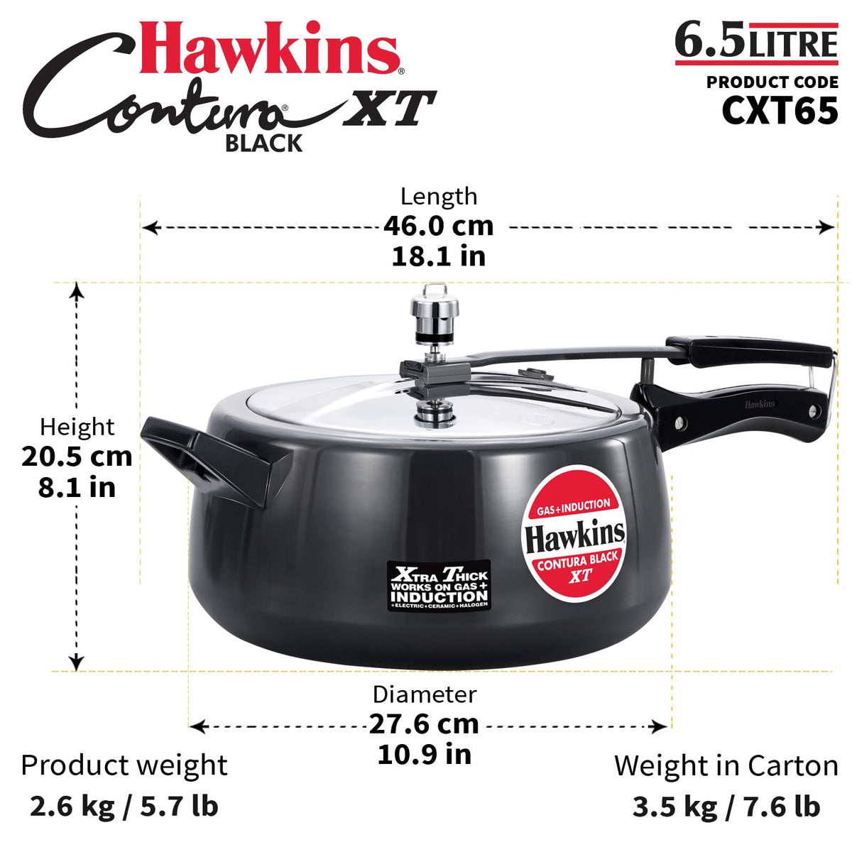 Hawkins 6.5 Litre Contura Black XT Pressure Cooker, Hard Anodised Inner Lid Cooker, Induction Cooker, Black (CXT65)