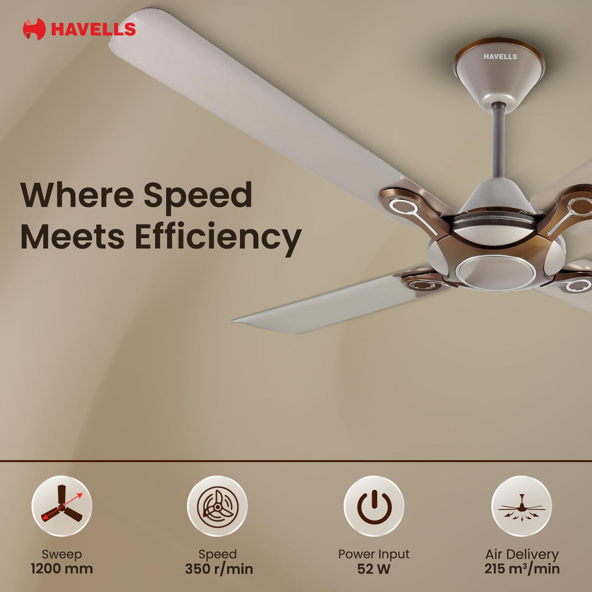 Havells Leganza 4 Blade 1200mm Ceiling Fan (Mist Honey)