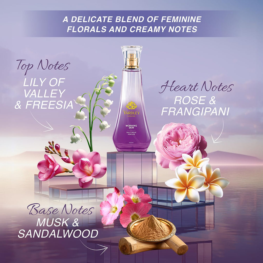 Yardley London Morning Dew Perfume for Women, 50ml – 90% Naturally Derived, Fresh Floral Daily Wear Spray | Lily of Valley & Frangipani Floral Fragrance