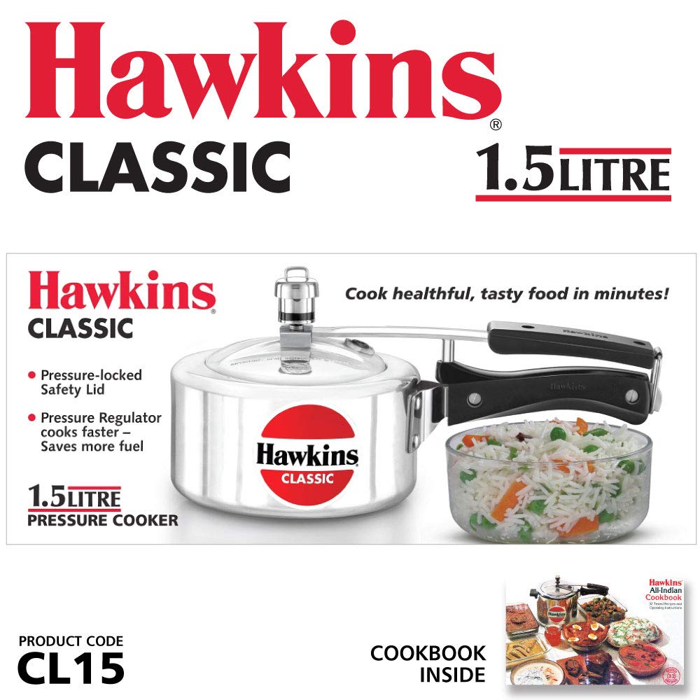 Hawkins Classic 1.5 Litre Aluminium Pressure Cooker | Straight Body | Gas Compatible | Ideal for 1 2 persons | ISI Certified | 5 Year Guarantee | Silver (CL15)