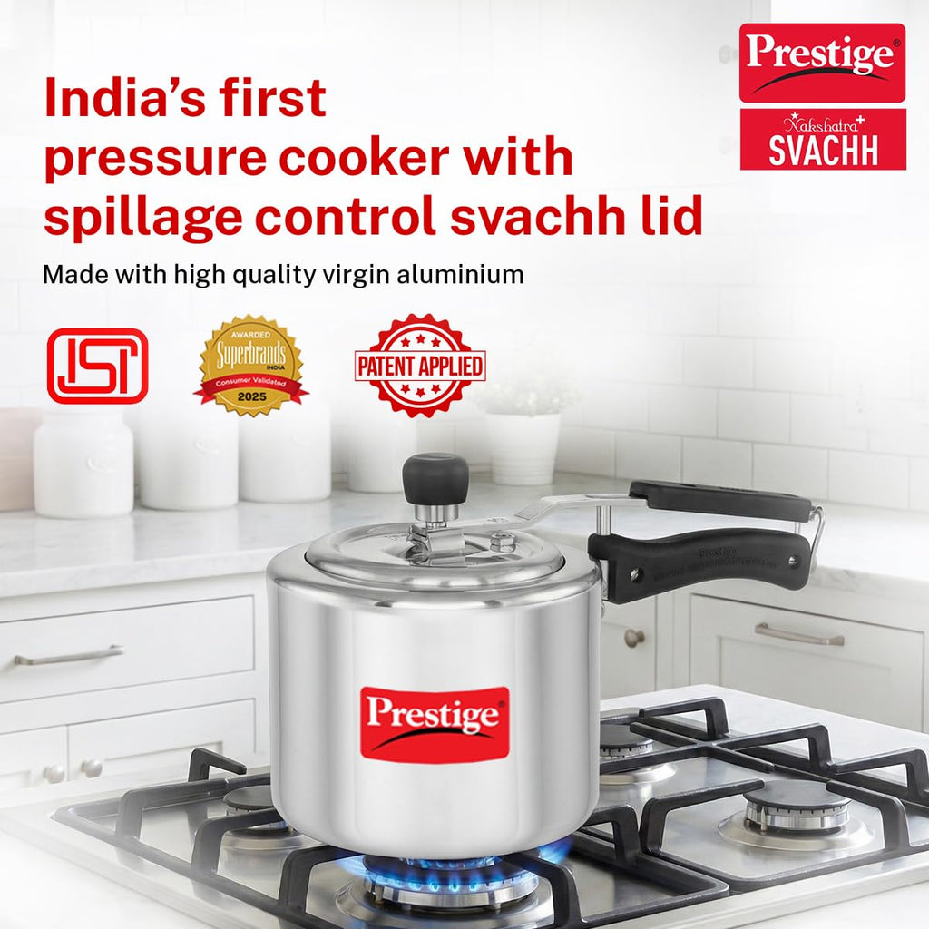 Prestige 3 Litre Aluminium Nakshatra Plus Svachh Innerlid Pressure Cooker|Deep lid for spillage control|Virgin Aluminium|Gas & Induction Compatible|Metallic Safety Plug|5 Years warranty|ISI Certified