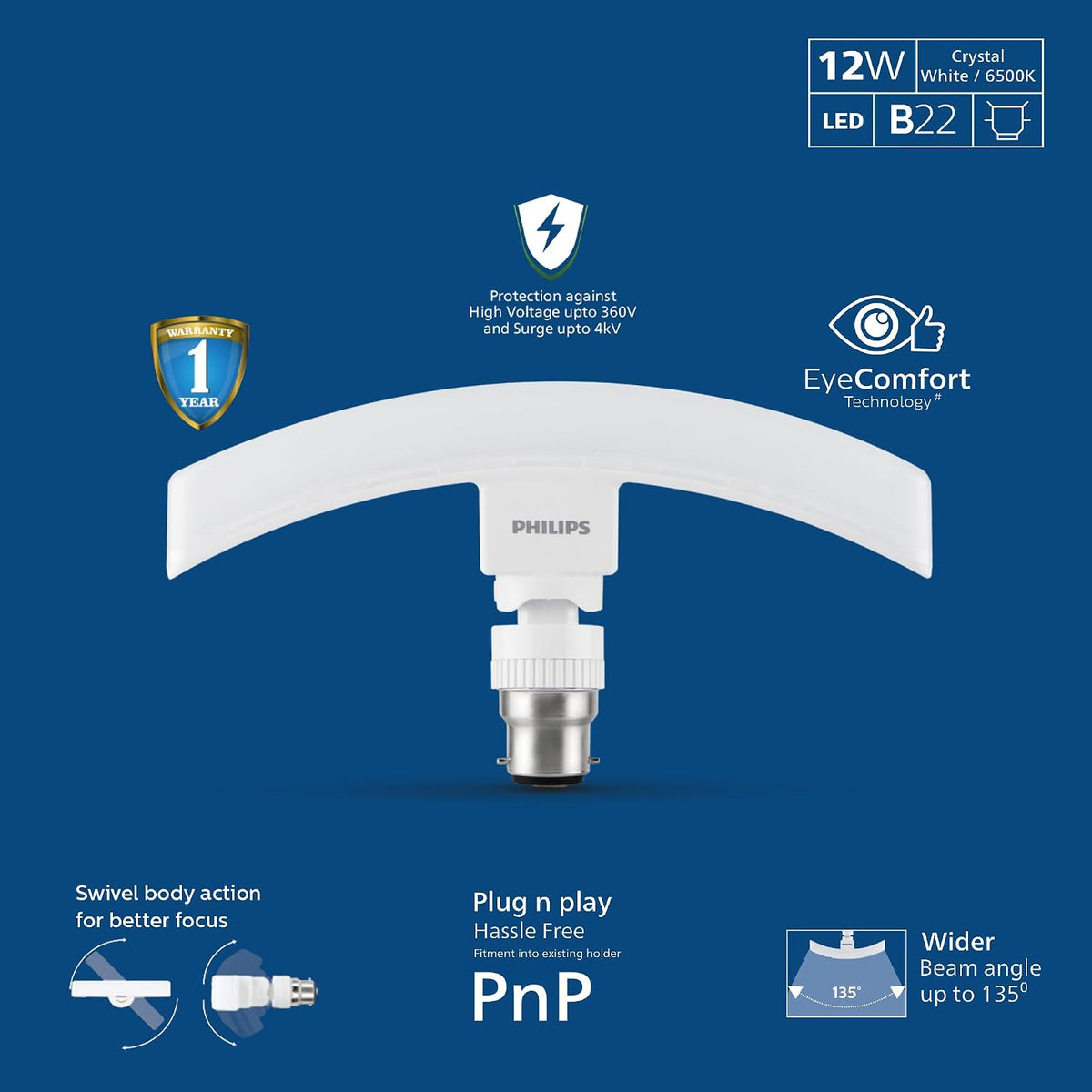 Philips Stellar Bright 12W B22 Curvy LED T-Bulb,1260lm,Cool Daylight, Pack of 1