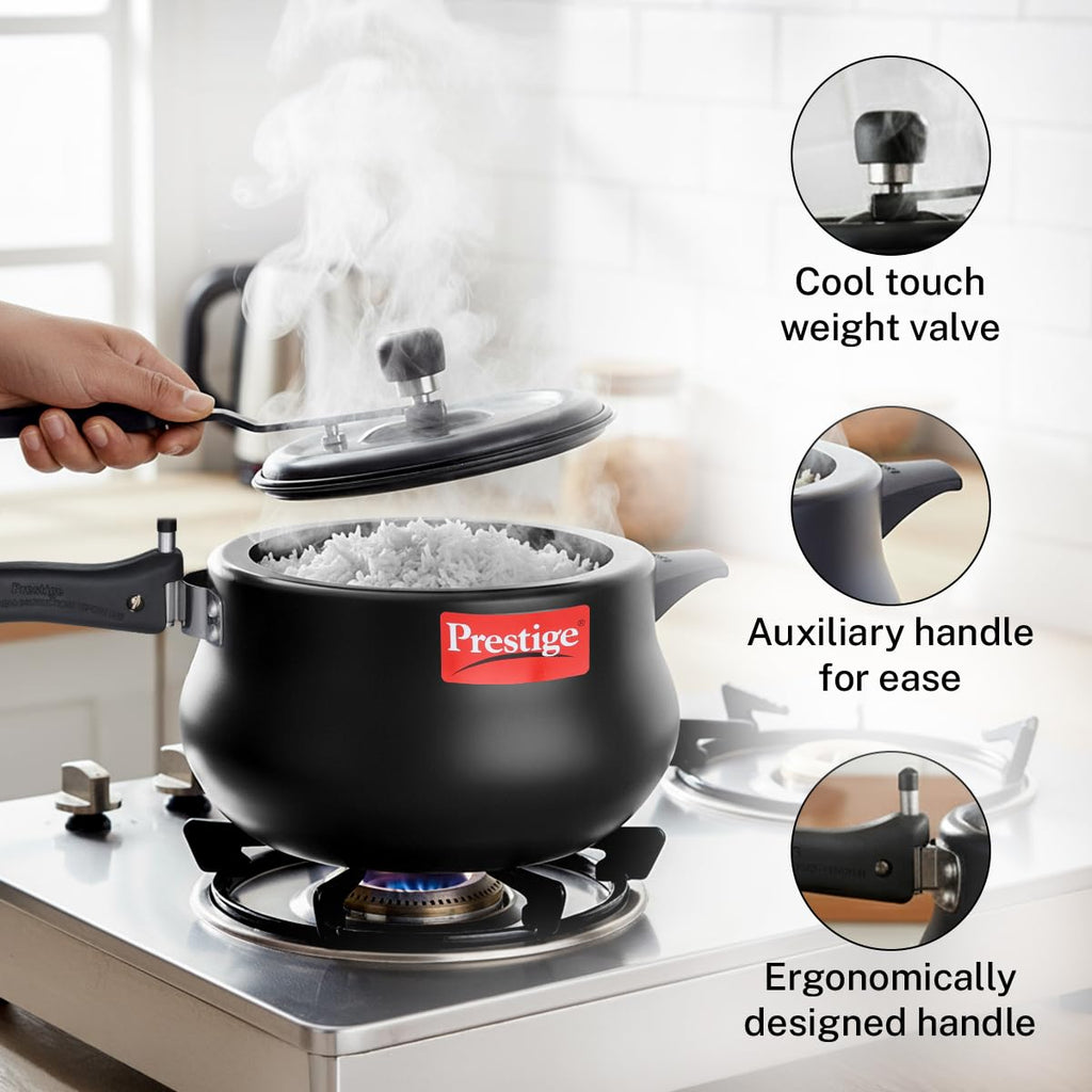 Prestige 5 Litre Hard Anodised Nakshatra Plus Svachh Innerlid Pressure Cooker|Deep lid for spillage control|Gas & Induction Compatible|Metallic Safety Plug|5 years warranty|ISI Certified