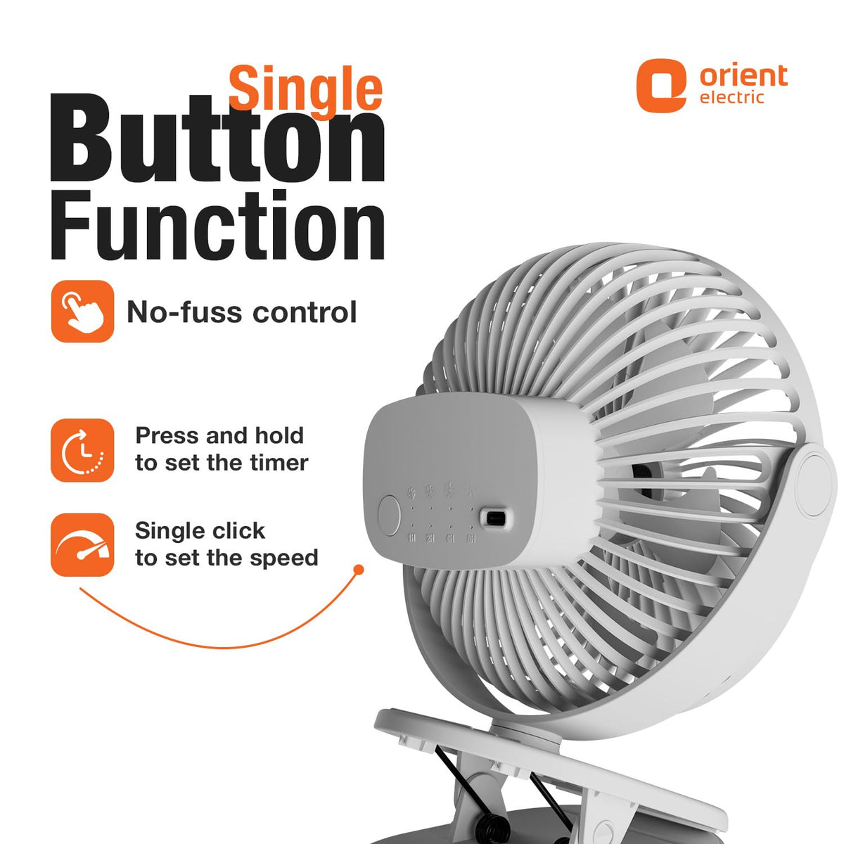 Orient Electric Orbis Rechargeable Personal Fan | 360° Rotation | 1800 mAh Battery | 4 Speed Modes with Timer | Quiet Operation | USB Type-C Charging | Clip-On Mini Fan | Cloud White