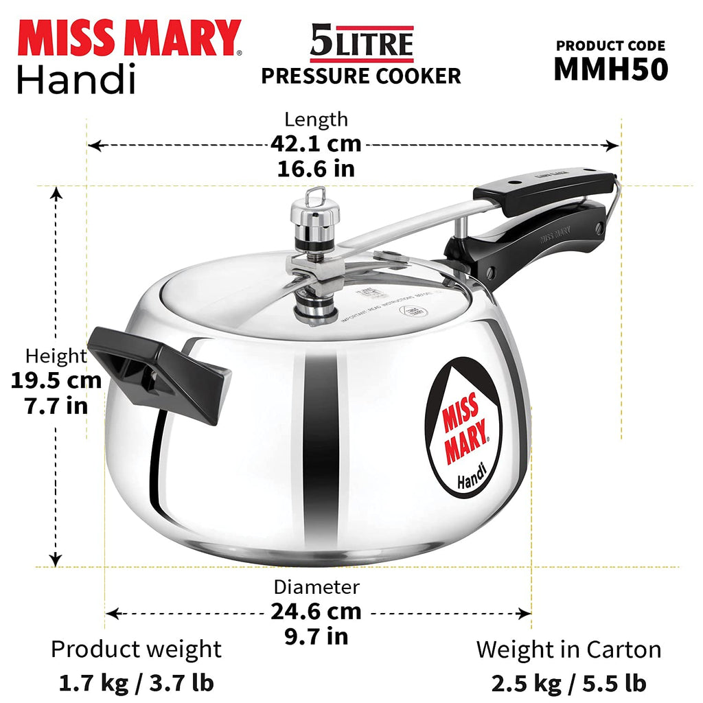 Hawkins Miss Mary Aluminium Inner Lid Handi Pressure Cooker, 3 Litre And 5 Litre, Combo Set, Silver, 3 Liter