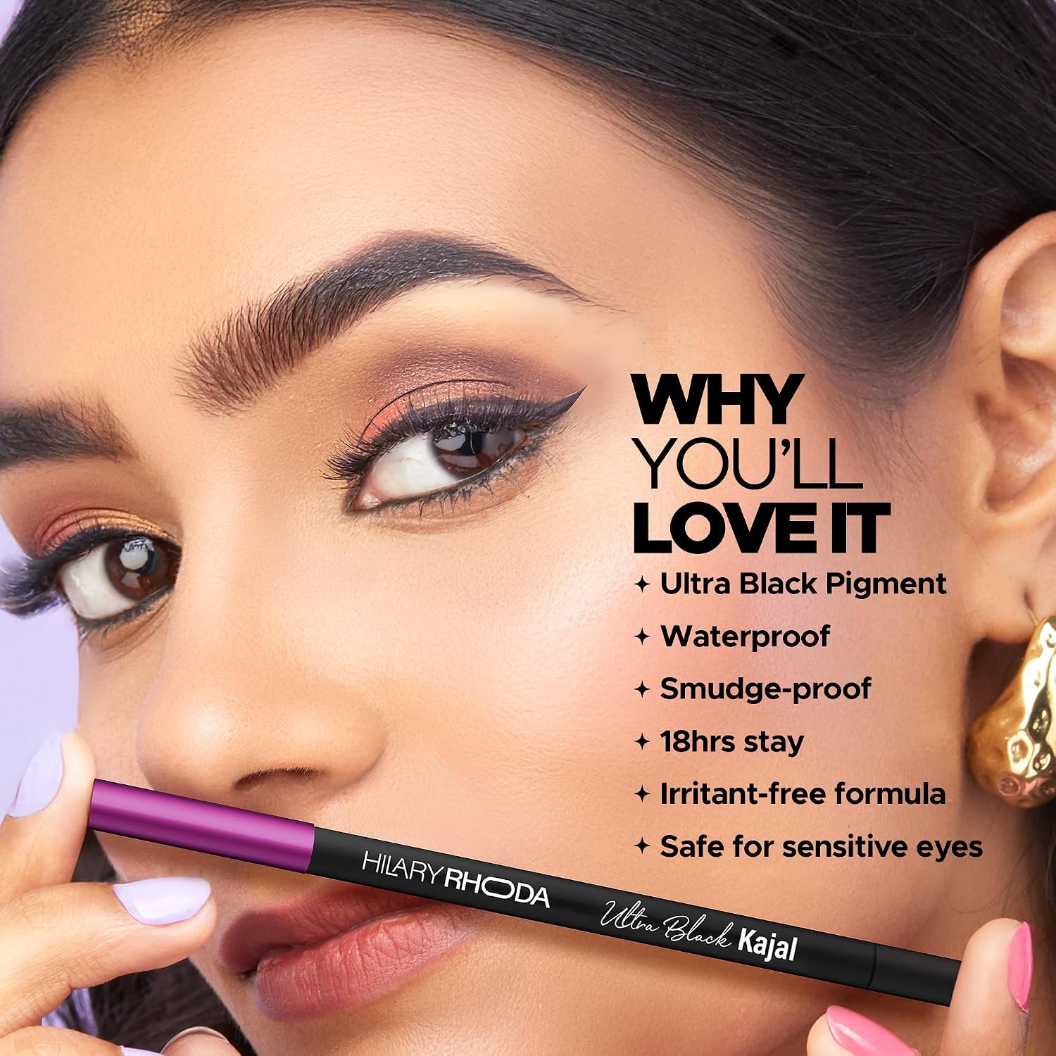 Hilary Rhoda Ultra Black Kajal | 18H Long-Lasting Kajal Eyeliner | Waterproof, Smudge-Proof | Soft & Safe for Sensitive Eyes | Intense Matte Finish | 1.2g