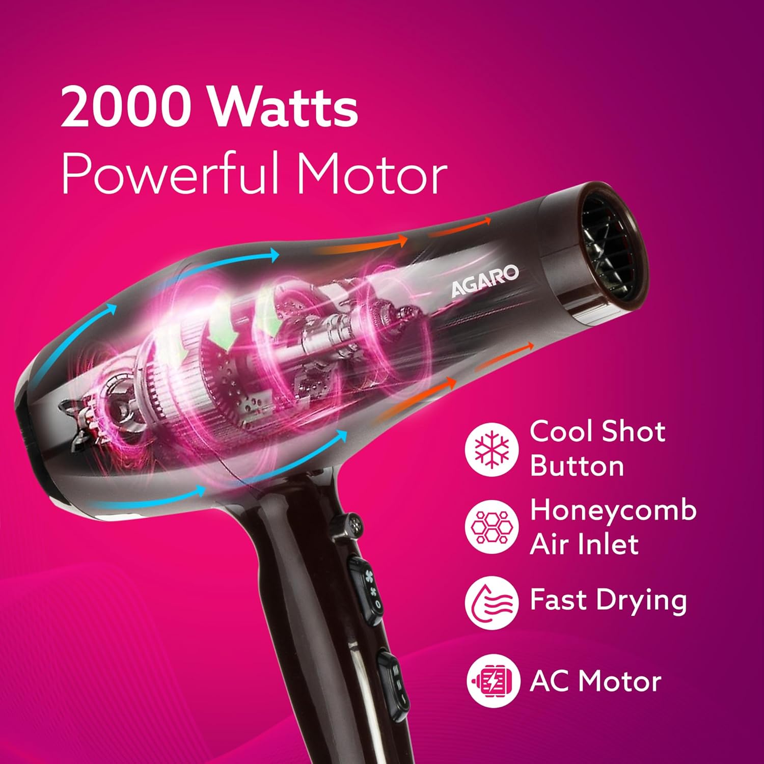 AGARO 2000W AC Professional Hair Dryer with Comb, Concentrator & Diffuser Nozzles, Hot & Cold Air, 16A Plug, 2 Speed & 3 Temperature Settings, Cool Shot, Hair Dryer & Blower for Men & Women HD-1120