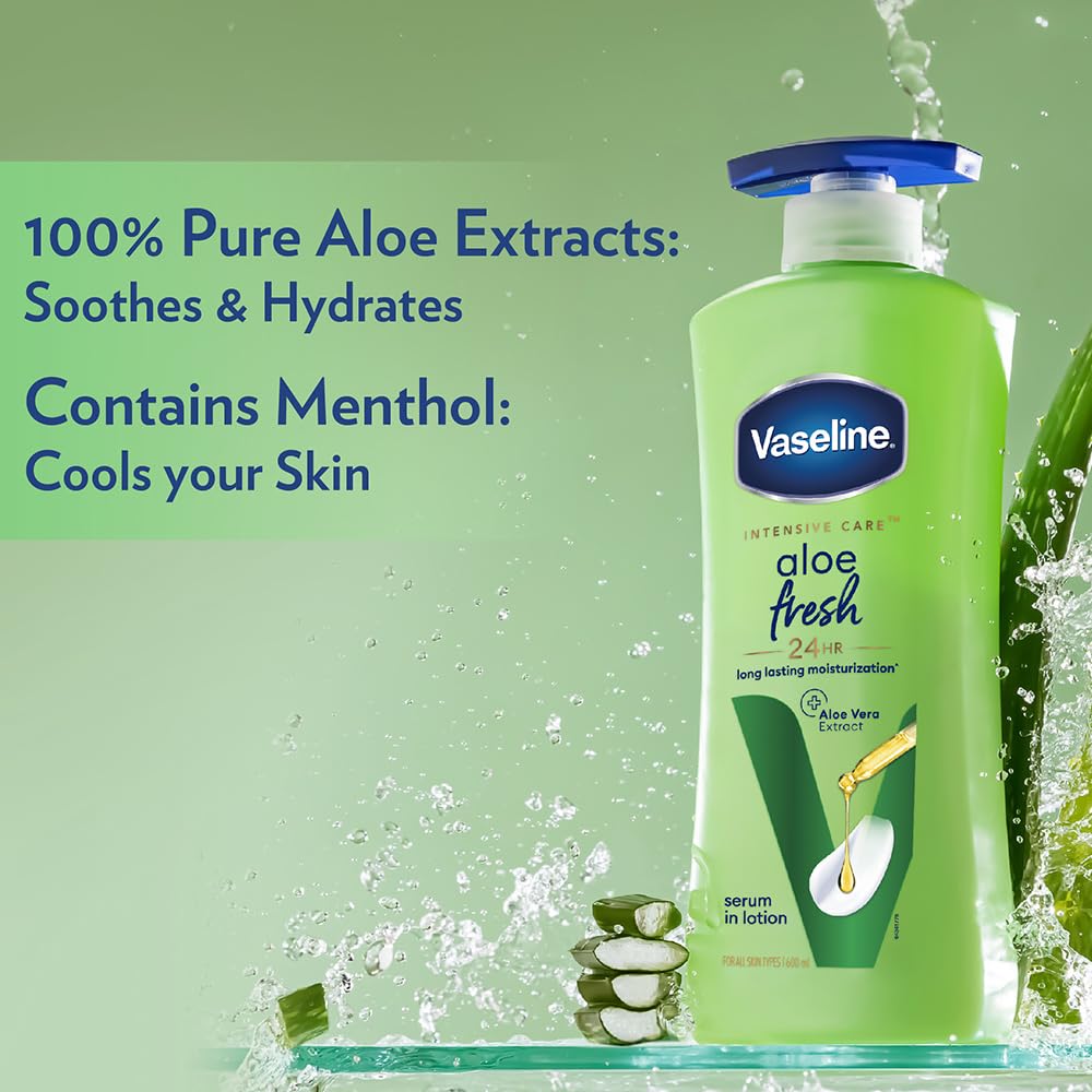 Vaseline Aloe Fresh Body Lotion,24 HR Long Lasting Moisturisation with Aloe Vera extract and Menthol, 600ml (Pack of 2)