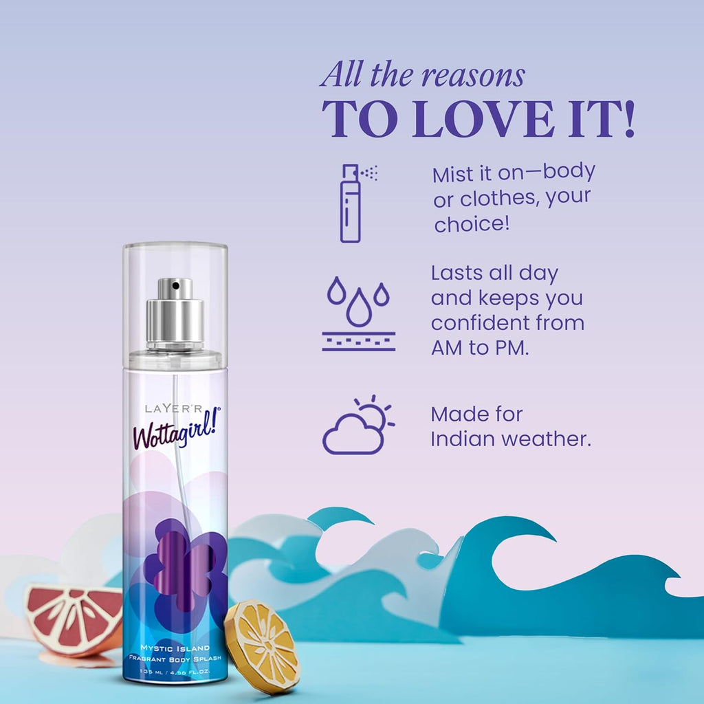 Layer'r Wottagirl Mystic Island Body Splash for Women 135ml | Long-lasting body splash with apple, pear & sandalwood notes. Fresh tropical fragrance...