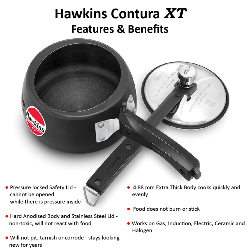 Hawkins 1.5 Litre Contura Black XT Pressure Cooker, Small Induction Cooker, Extra Thick Handi Cooker, Black (CXT15)