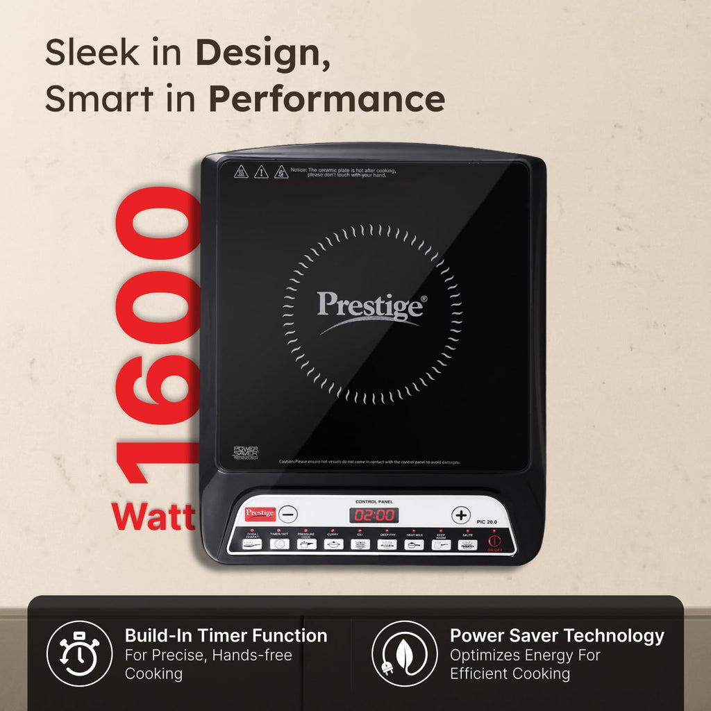 Prestige PIC 20 1600 Watts Induction Cooktop | 4KV Surge Protection | 8 Preset Indian Menu Options & Timer | Soft Touch Button | Easy to Clean | Portable | Black | 1Y Warranty | BIS