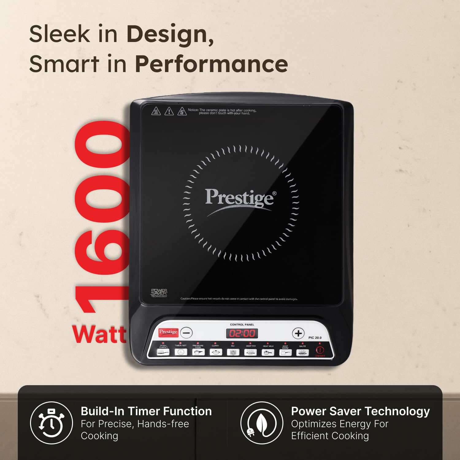 Prestige PIC 20 1600 Watts Induction Cooktop | 4KV Surge Protection | 8 Preset Indian Menu Options & Timer | Soft Touch Button | Easy to Clean | Portable | Black | 1Y Warranty | BIS
