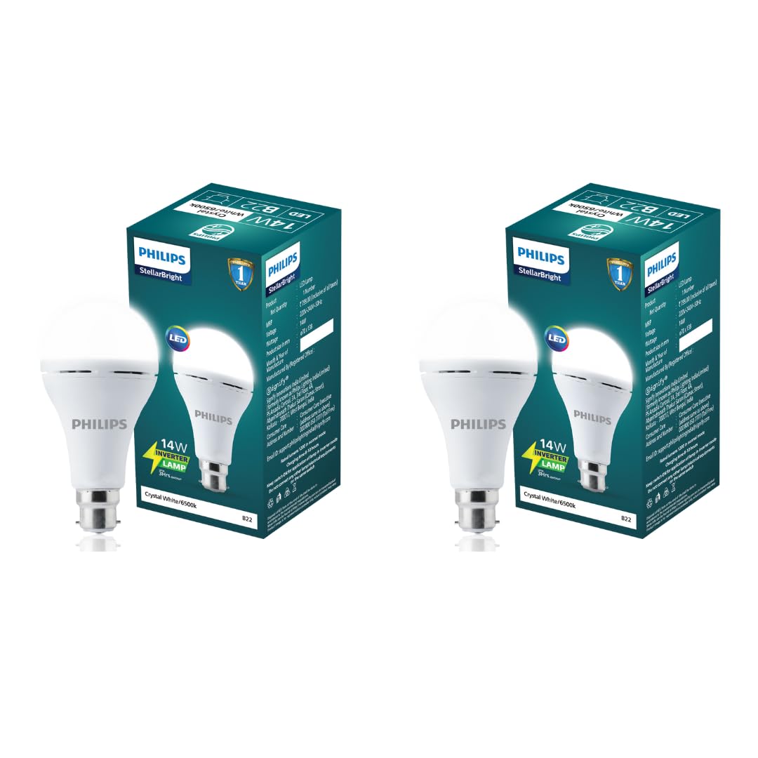 PHILIPS 14W Emergency LED Bulb | Stellar Bright B22 Inverter LED Bulb for Power Cuts | Crystal White, Pack of 2