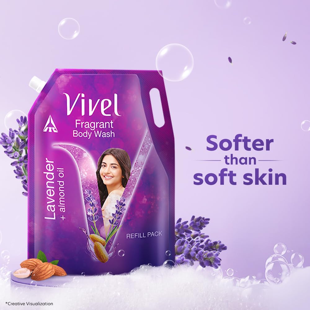 Vivel Fragrant Body Wash, Lavender & Almond Oil Shower Gel, 1300ml Supersaver XL Refill Pouch, Moisturizing Bodywash, Soft & Smooth Skin, Effective Cleansing, For Women & Men