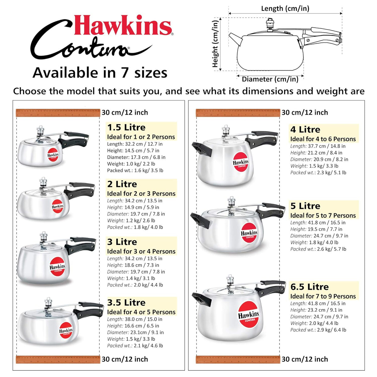 Hawkins 6.5 Litre Contura Pressure Cooker, Handi Inner Lid Cooker, Silver (HC65) Aluminium
