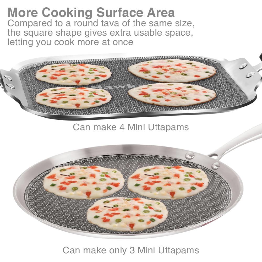 Hawkins 26 cm Triply with Shielded Nonstick Square Tava | Induction & Gas Compatible | Metal Spatula Safe, Durable Nonstick | | Silver (NSST26)
