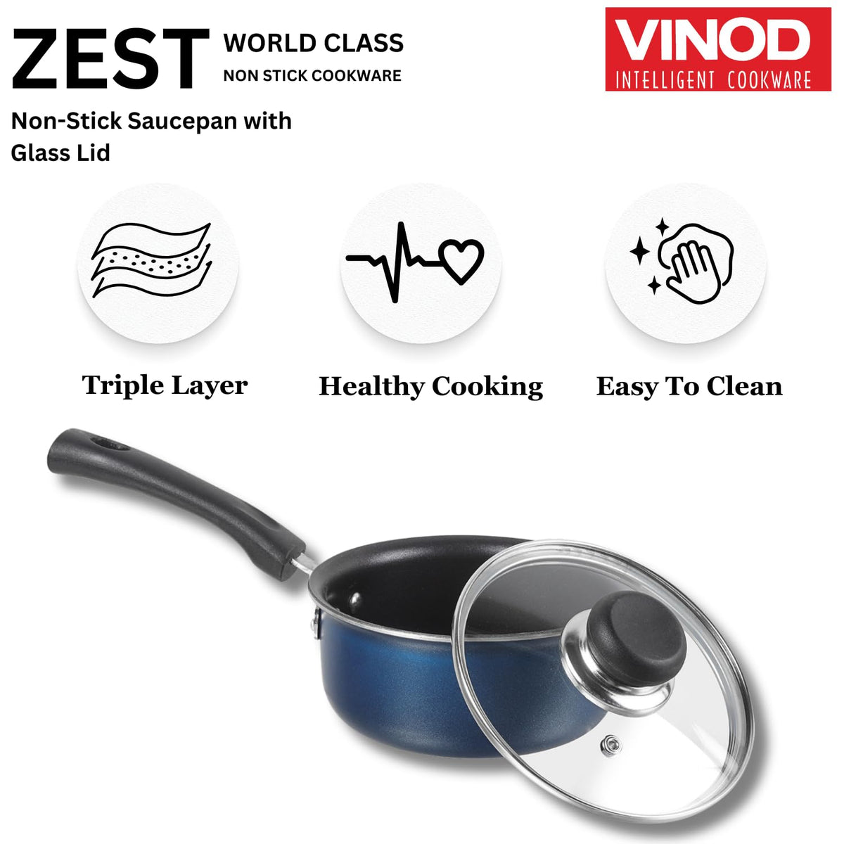 Vinod Zest Aluminium Non Stick Saucepan with Glass Lid - 1.4 Litre, 14cm | Milk/Tea Pan | Sauce Pot with Lid | 3mm Thick | 3 Layer Coating | Scratch Proof | 1 Year Warranty