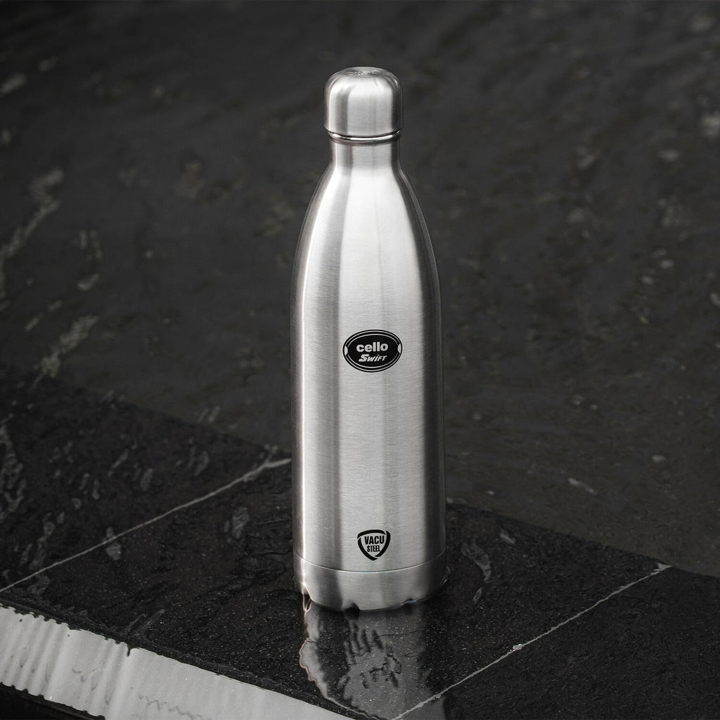CELLO Swift Stainless Steel Hot and Cold Water Bottle 750 ml Silver | ISI Certified Spillproof Leakproof Double Wall Vacuum Insulated Thermos Flask Water Bottle for School Kids, Office Gym & Travel