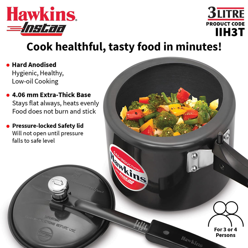 Hawkins 3 Litre Instaa Pressure Cooker, Induction Inner Lid Cooker, Tall Body Hard Anodised Cooker, Black (IIH3T)