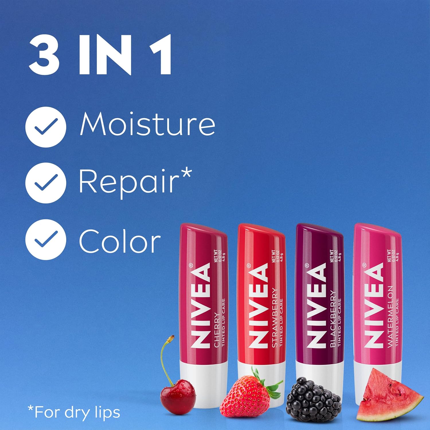 Nivea Lip Care Fruit Variety Pack - Tinted Lip Balm For Beautiful, Soft Lips - Pack Of 4, Multicolor