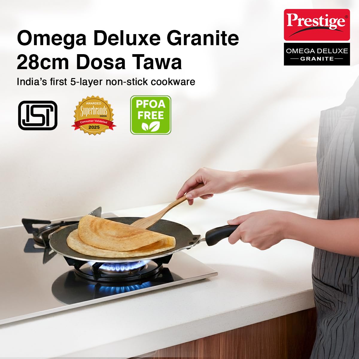 Prestige Omega Deluxe Granite Flat Dosa Tawa | Black | 28 cm |Non-Stick | Induction Base | Dishwasher Safe |