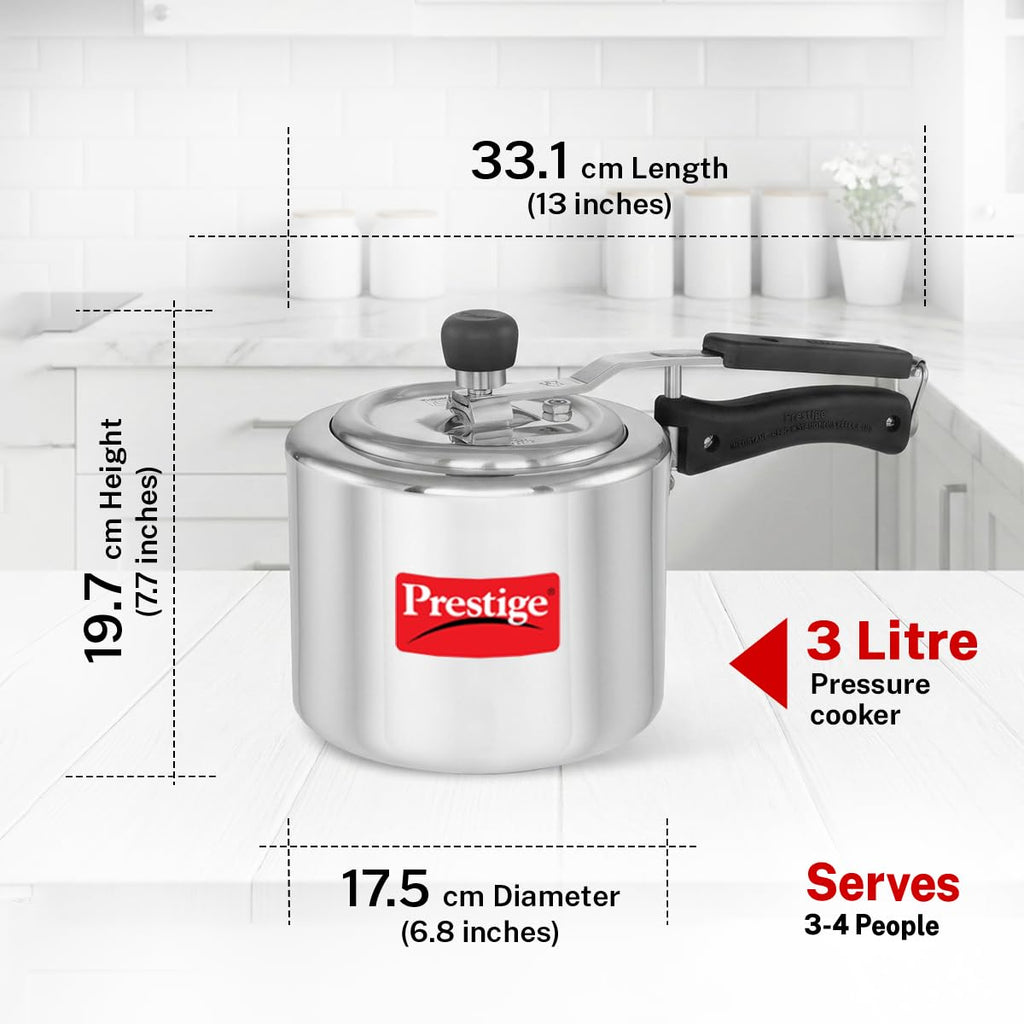 Prestige 3 Litre Aluminium Nakshatra Plus Svachh Innerlid Pressure Cooker|Deep lid for spillage control|Virgin Aluminium|Gas & Induction Compatible|Metallic Safety Plug|5 Years warranty|ISI Certified