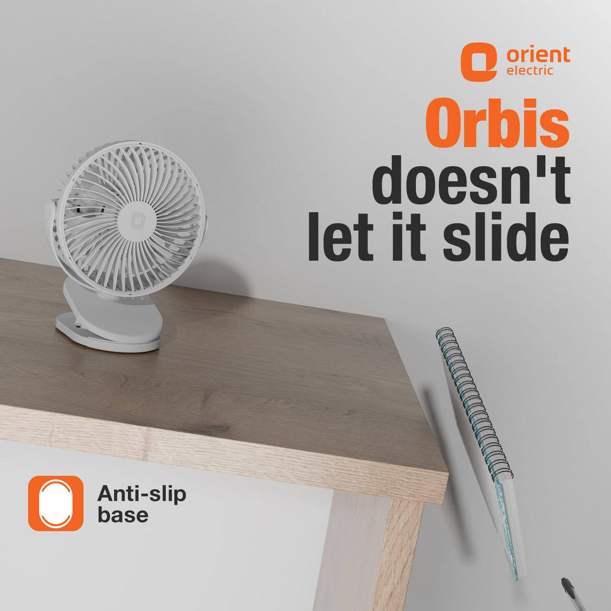 Orient Electric Orbis Rechargeable Personal Fan | 360° Rotation | 1800 mAh Battery | 4 Speed Modes with Timer | Quiet Operation | USB Type-C Charging | Clip-On Mini Fan | Cloud White