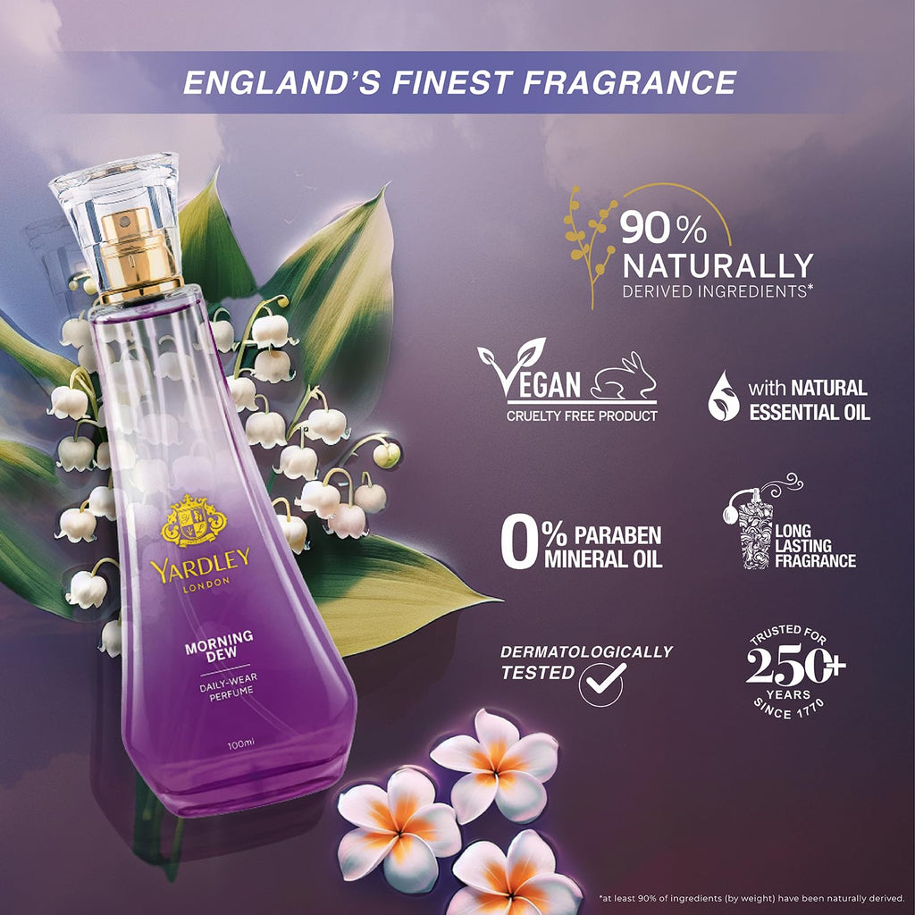 Yardley London Morning Dew Perfume for Women, 50ml – 90% Naturally Derived, Fresh Floral Daily Wear Spray | Lily of Valley & Frangipani Floral Fragrance