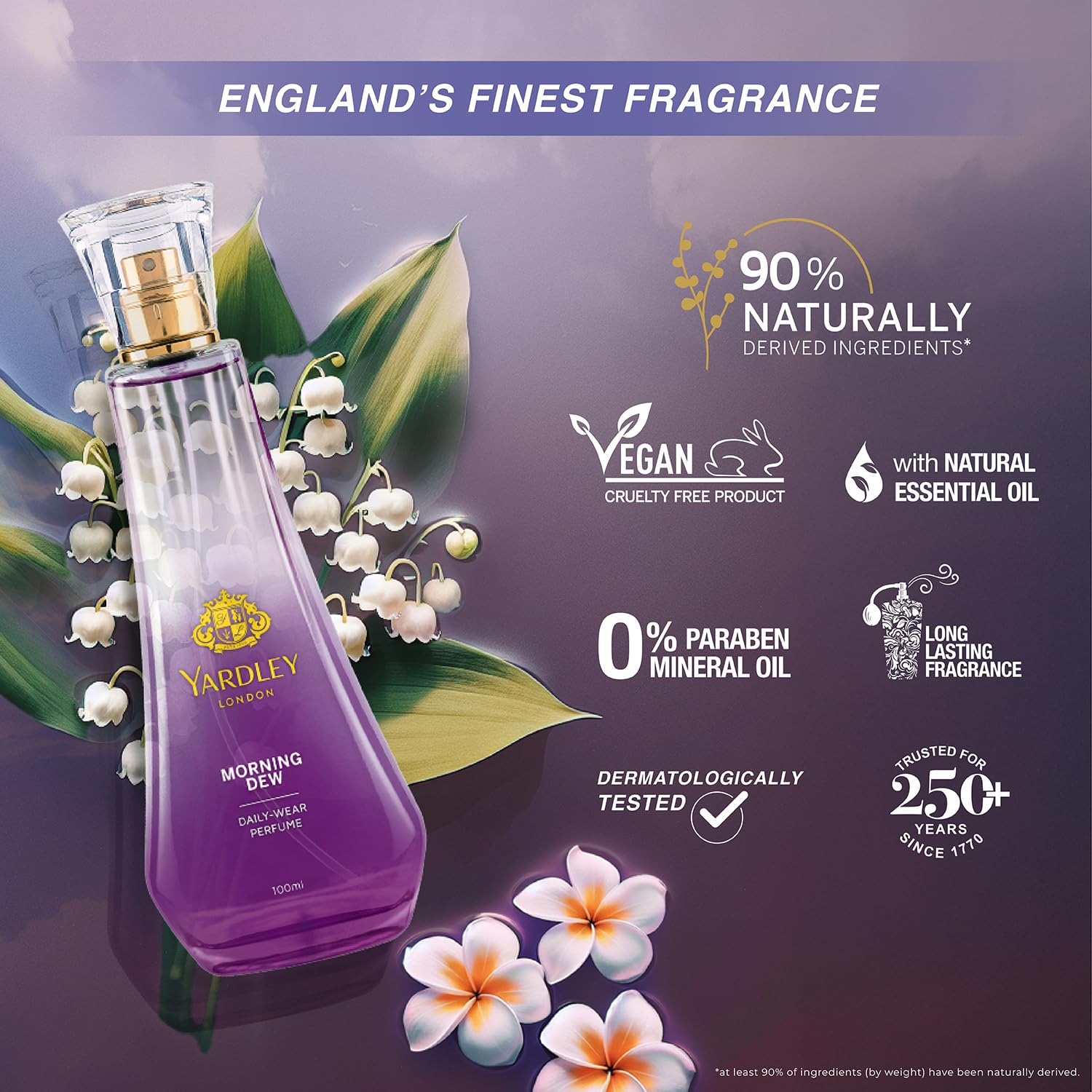 Yardley London Morning Dew Perfume for Women, 50ml – 90% Naturally Derived, Fresh Floral Daily Wear Spray | Lily of Valley & Frangipani Floral Fragrance