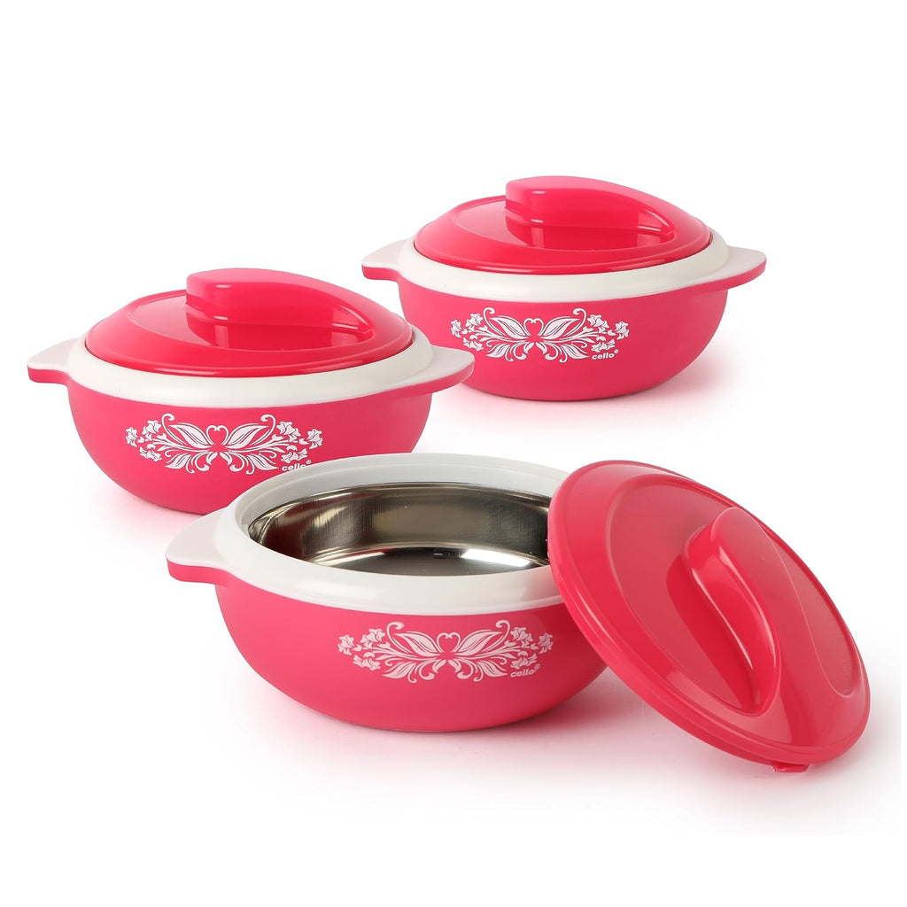 CELLO Hot Serve Set of 3 Pieces Casserole Hot Pot Box For Kitchen, Pink (500ml, 850ml, 1500ml) |
