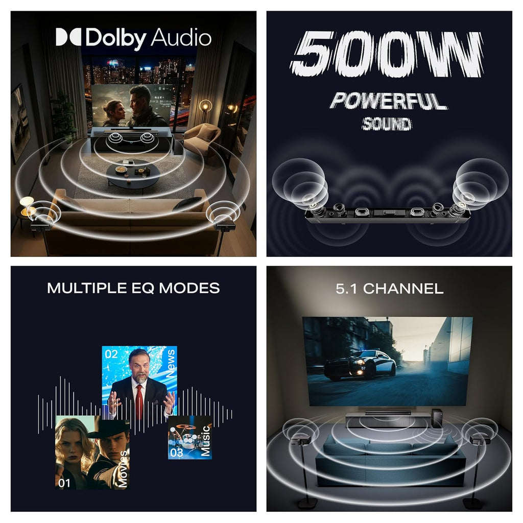boAt Aavante Prime 5.1 5000D, Cinematic Dolby Audio, 500W Signature Sound, 5.1-CH, Multiple Ports, EQ Modes & Remote, Bluetooth Sound bar, Home Theatre Soundbar Speaker (Premium Black)