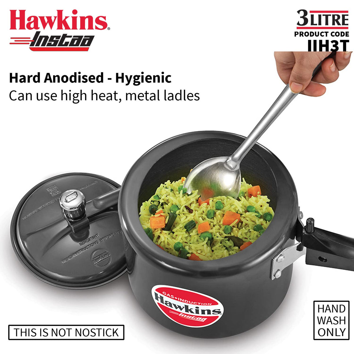 Hawkins 3 Litre Instaa Pressure Cooker, Induction Inner Lid Cooker, Tall Body Hard Anodised Cooker, Black (IIH3T)