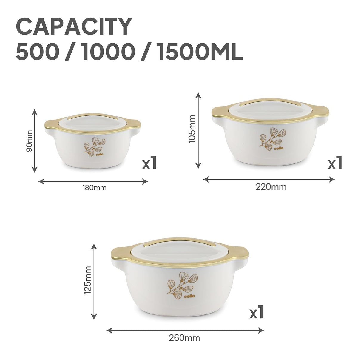CELLO Radiant Set of 3 Pcs Insulated Steel Casserole Hot Box Case For Kitchen, White (500ml, 1000ml, 1500ml) |