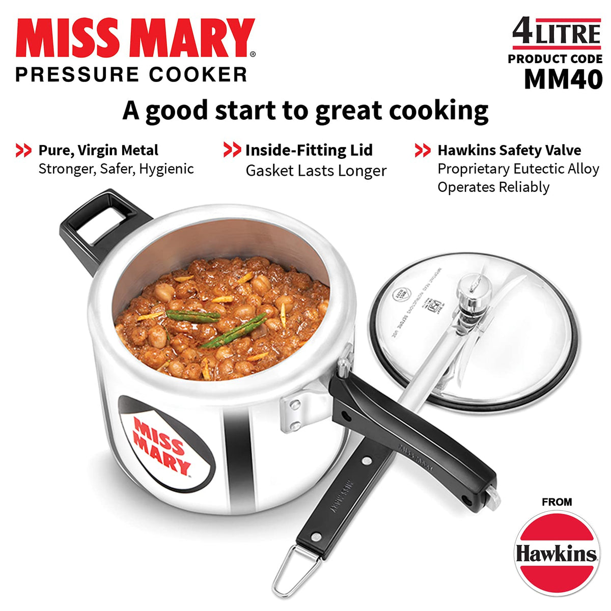 Hawkins Aluminium 4 Litre Miss Mary Pressure Cooker, Inner Lid Cooker, Silver (Mm40)