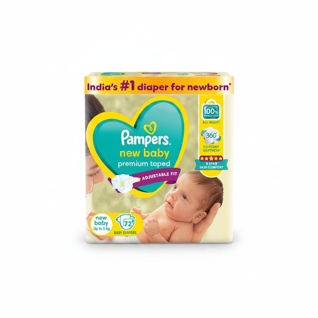 Pampers Active Baby Tape Style Baby Diapers, Newborn/Extra Small (NB/XS) Size, 72 Count, Adjustable Fit with 5 star skin protection, Up to 5kg Diapers
