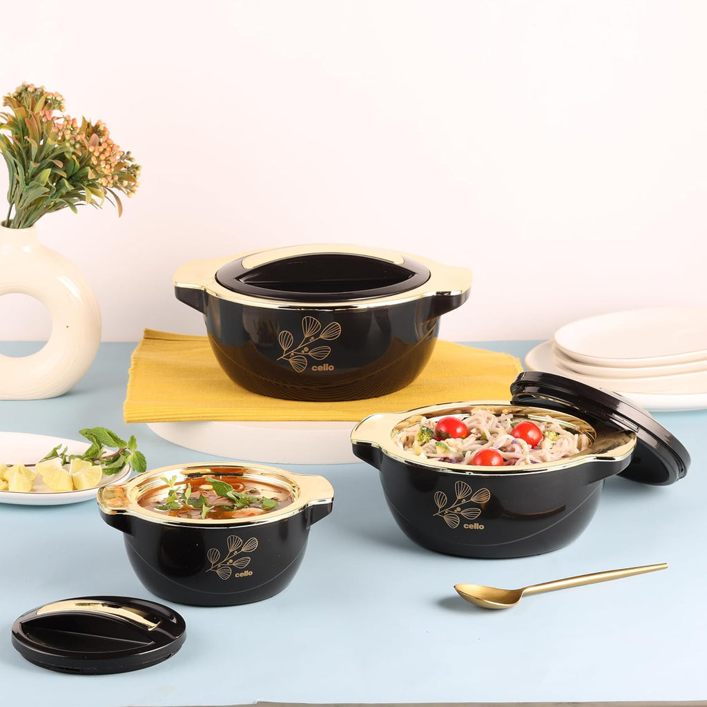 CELLO Radiant Set of 3 Pcs Insulated Steel Casserole Hot Box Case For Kitchen, Black (500ml, 1000ml, 1500ml) |