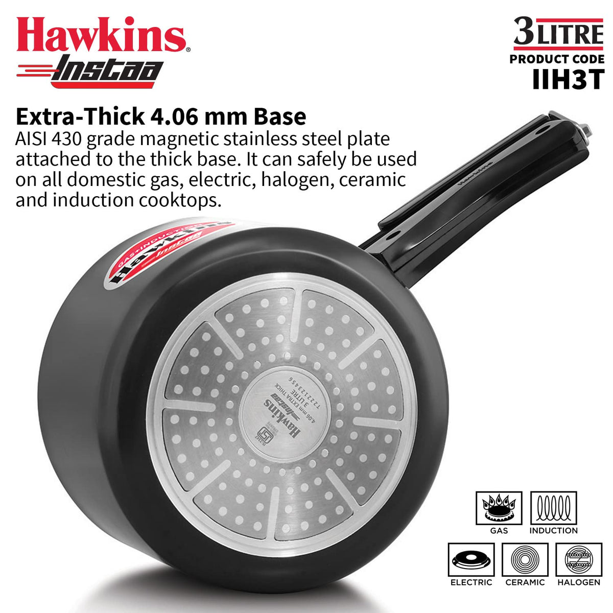 Hawkins 3 Litre Instaa Pressure Cooker, Induction Inner Lid Cooker, Tall Body Hard Anodised Cooker, Black (IIH3T)