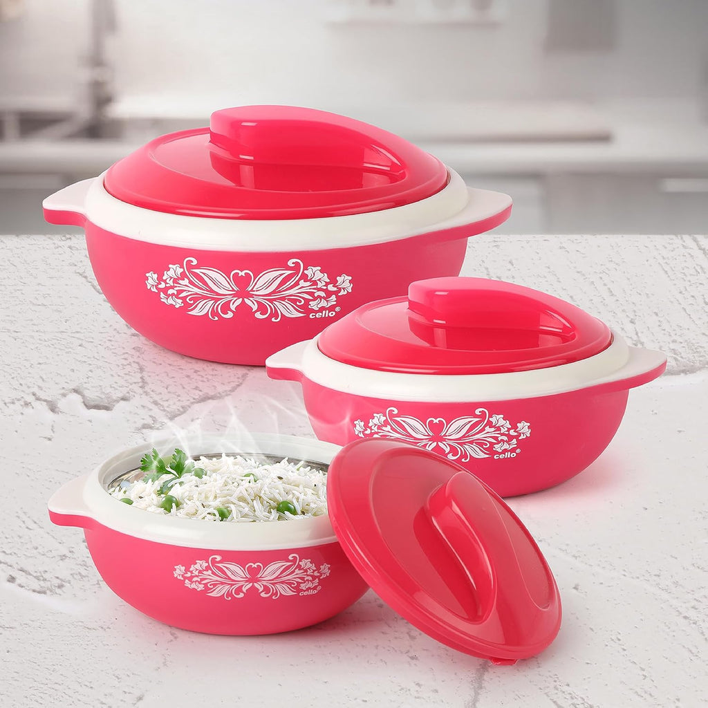 CELLO Hot Serve Set of 3 Pieces Casserole Hot Pot Box For Kitchen, Pink (500ml, 850ml, 1500ml) |
