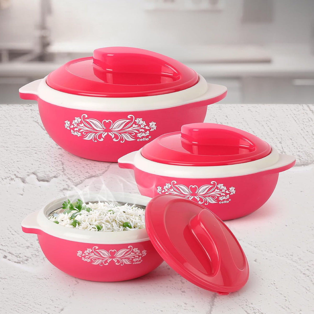 CELLO Hot Serve Set of 3 Pieces Casserole Hot Pot Box For Kitchen, Pink (500ml, 850ml, 1500ml) |