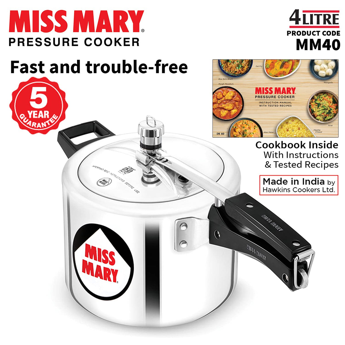 Hawkins Aluminium 4 Litre Miss Mary Pressure Cooker, Inner Lid Cooker, Silver (Mm40)